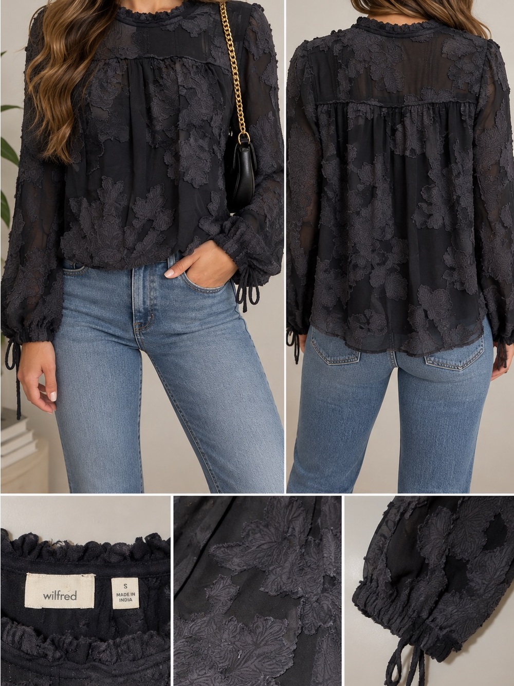 Wilfred Black Floral Appliqué Sheer Long-Sleeve Blouse